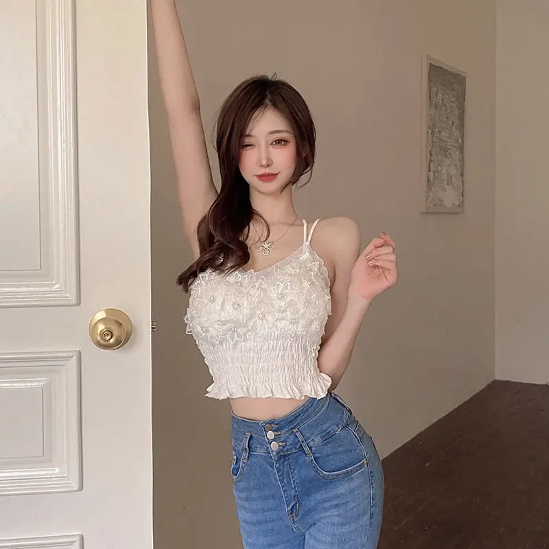 Sommer Frau Kleidung y2k Tops Französisch Diamant Appliqué Leibchen Bodenbildung Shirt Spitze Crop Top frauen Falten Spaghetti Strap Tops