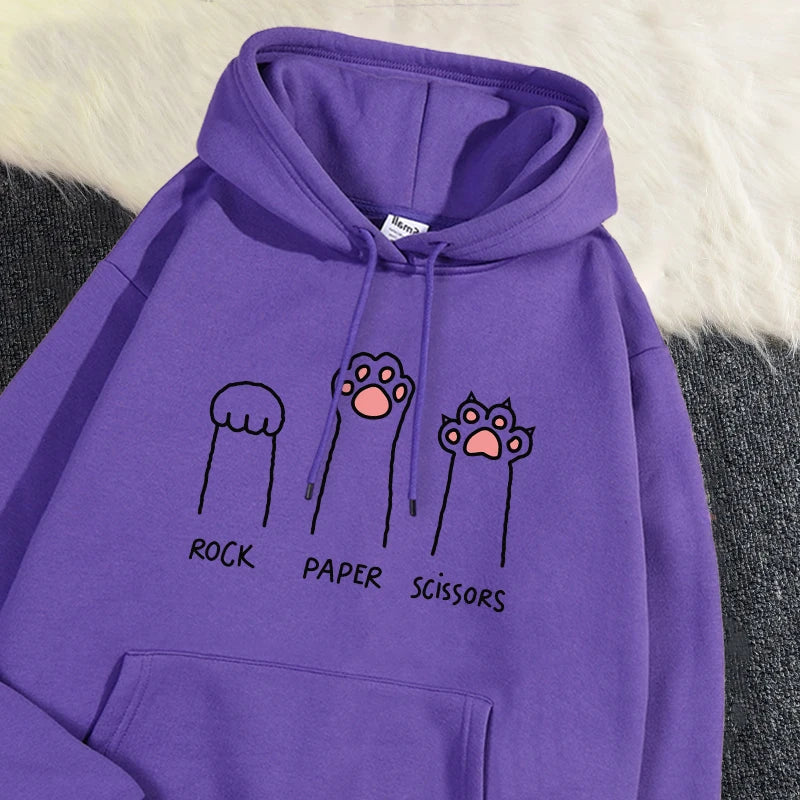 Kawaii Damen Hoodies Rock Paper Schere Lustige Katze Druck Pullover Weiche Atmungsaktive Lose Sweatshirt Herbst Winter Sportswear