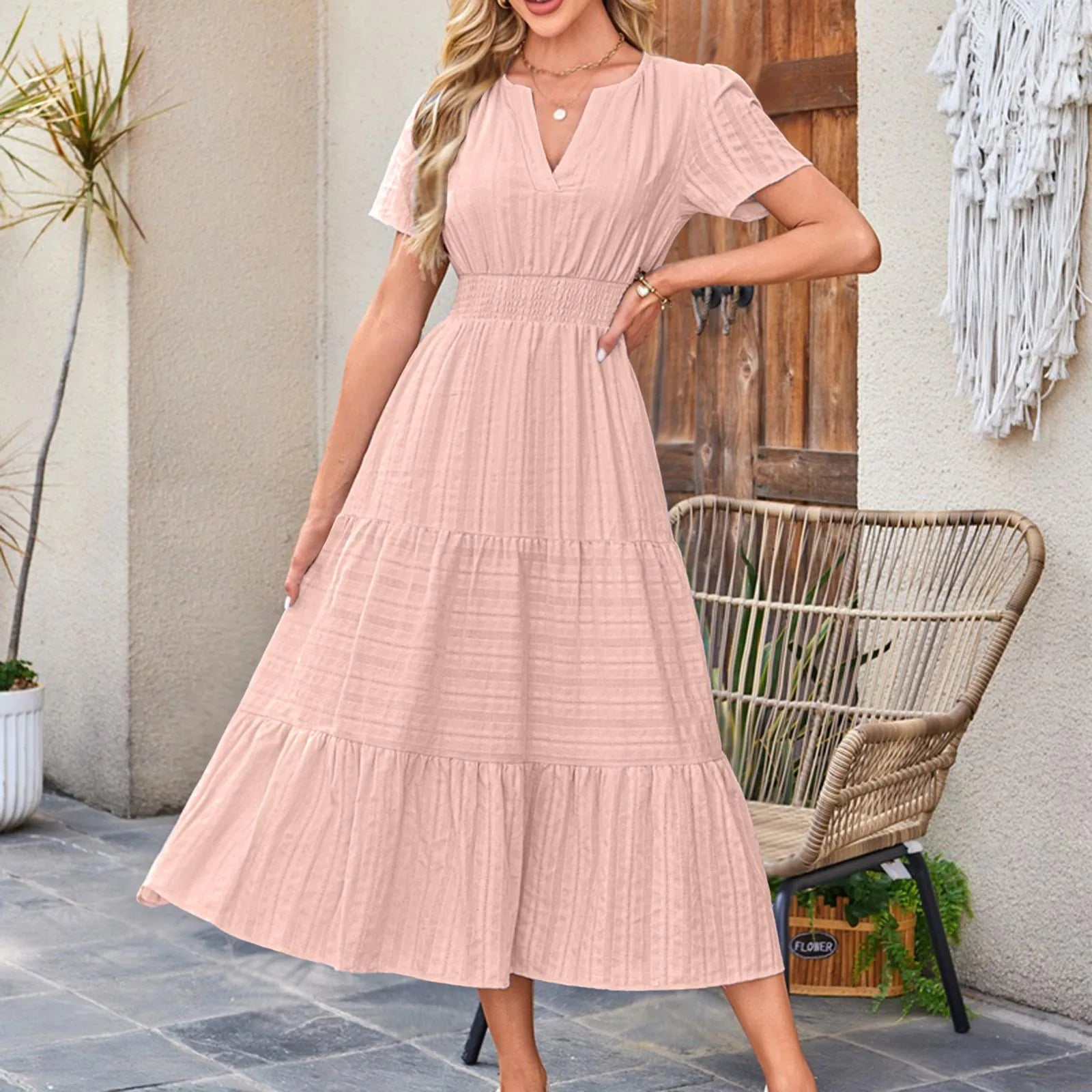 Frauen Swing Kleid Frühling Sommer Casual Einfarbig V-ausschnitt Kurzarm Kleider Elastische Bund Gefüttert Vestidos Für Streetwear