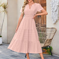 Frauen Swing Kleid Frühling Sommer Casual Einfarbig V-ausschnitt Kurzarm Kleider Elastische Bund Gefüttert Vestidos Für Streetwear