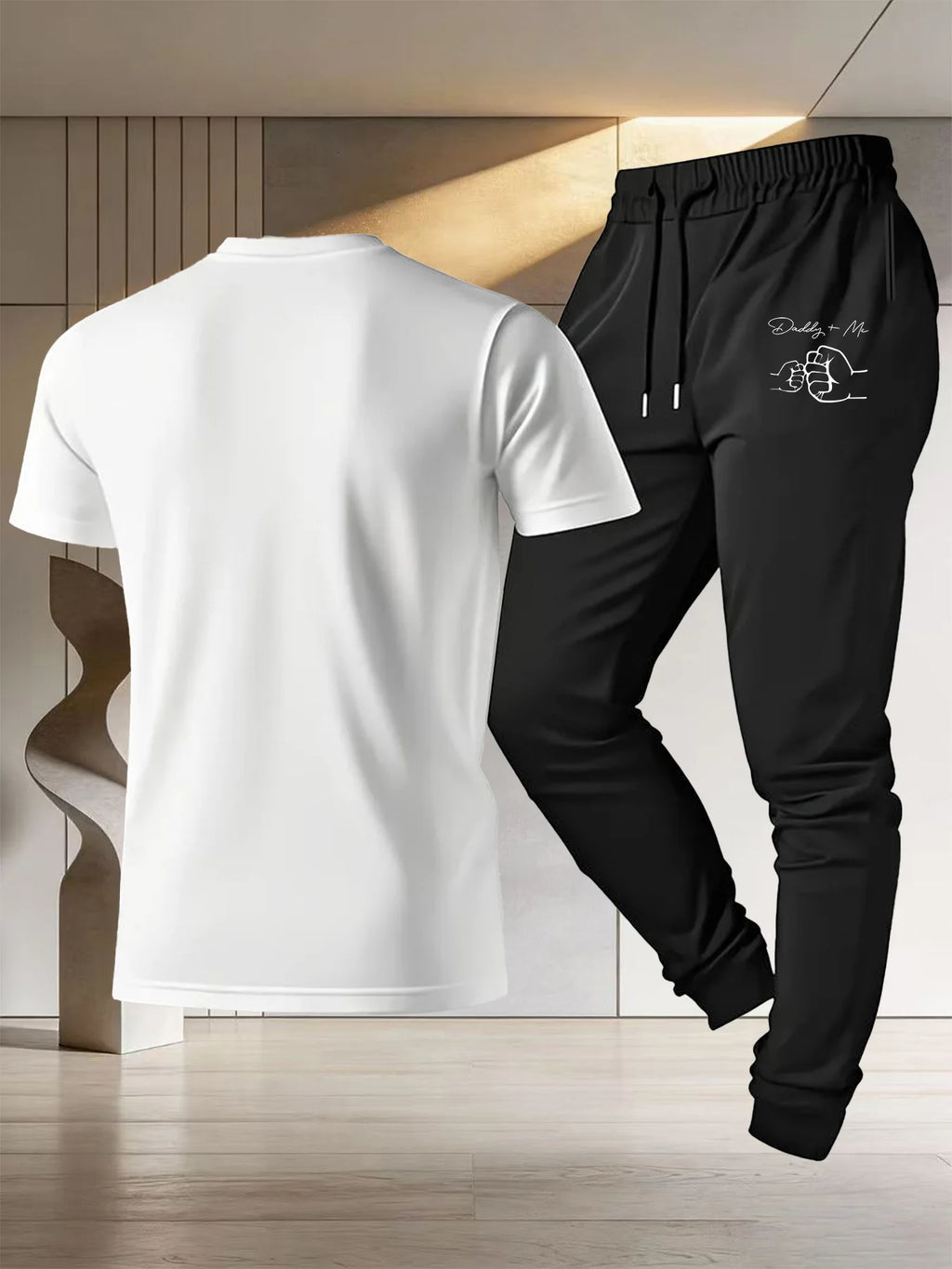 Sommerkleidung für Kinder und Eltern – Set aus kurzärmligem T-Shirt und Jogginghose aus reiner Baumwolle für Vater und Sohn mit schickem Faust-Print