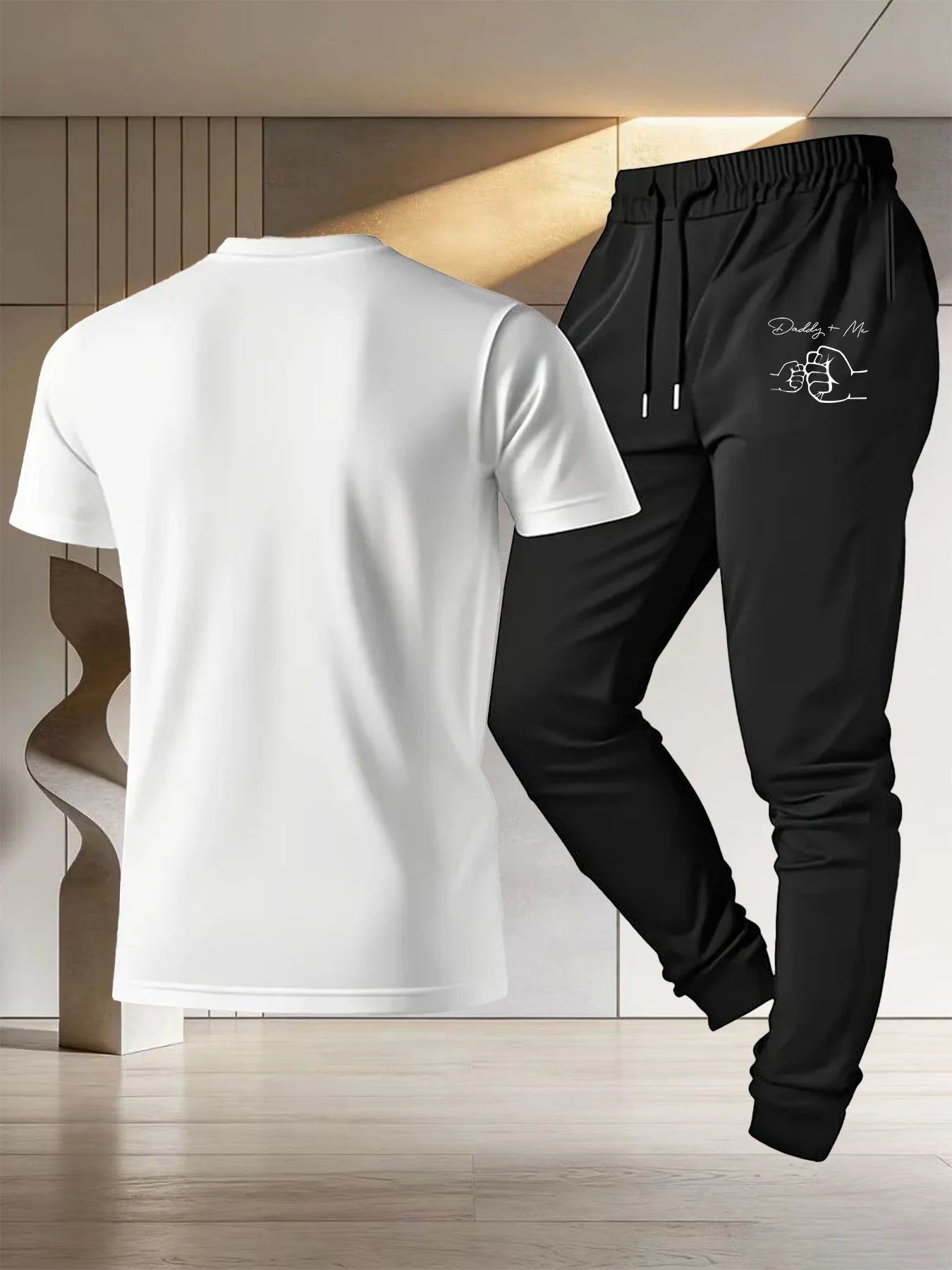 Sommerkleidung für Kinder und Eltern – Set aus kurzärmligem T-Shirt und Jogginghose aus reiner Baumwolle für Vater und Sohn mit schickem Faust-Print
