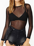 Heiße Neue 2025, Frühling Sommer Frauen Langarm Sexy Schwarz Mesh Top T Shirts Transparent Punk Club Streetwear T-shirts Strand Tops