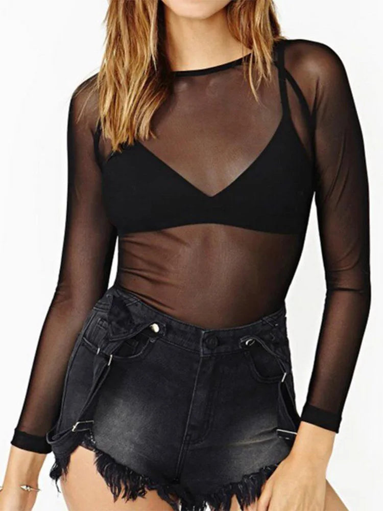 Heiße Neue 2025, Frühling Sommer Frauen Langarm Sexy Schwarz Mesh Top T Shirts Transparent Punk Club Streetwear T-shirts Strand Tops