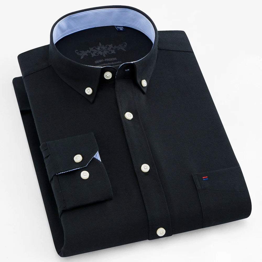 Langärmliges Oxford-Karo-gestreiftes Arbeits-Freizeithemd für Herren mit Tasche, Frühlings-Herbst-Baumwollmischung, reguläre Passform, Button-Down-Hemden