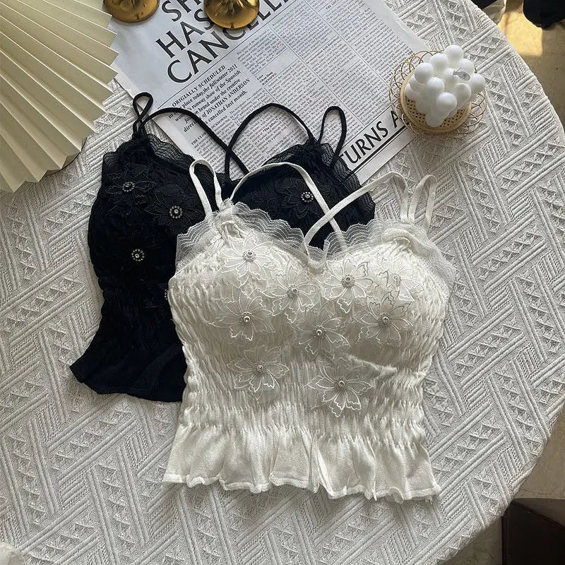 Sommer Frau Kleidung y2k Tops Französisch Diamant Appliqué Leibchen Bodenbildung Shirt Spitze Crop Top frauen Falten Spaghetti Strap Tops