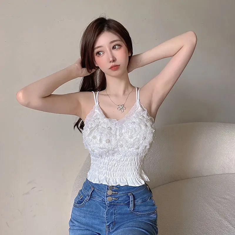Sommer Frau Kleidung y2k Tops Französisch Diamant Appliqué Leibchen Bodenbildung Shirt Spitze Crop Top frauen Falten Spaghetti Strap Tops