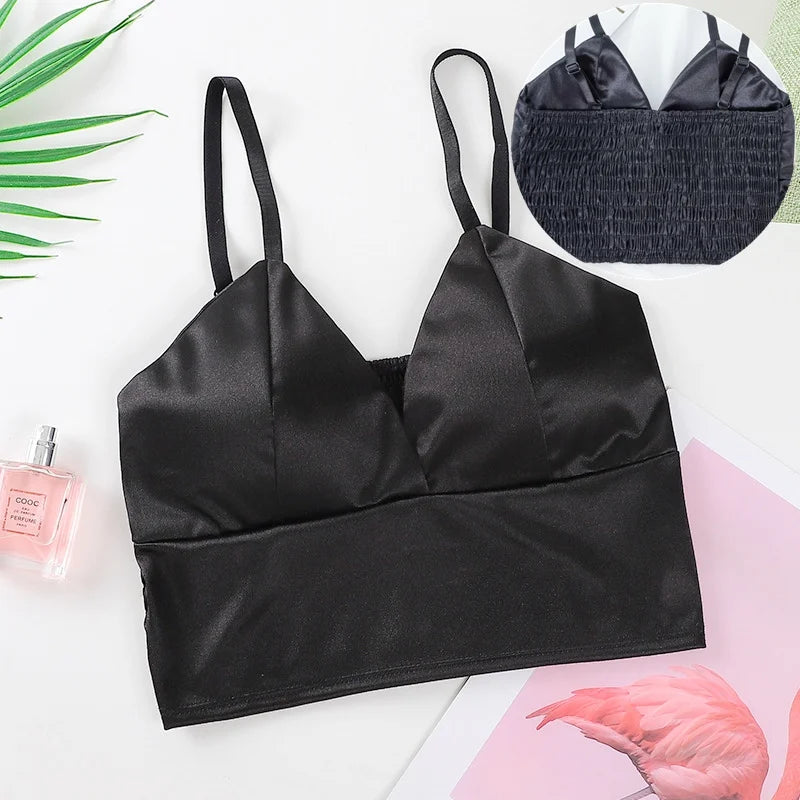 Sexy Satin Crop Tops Frauen drahtlose Bra lette Häkeln Top weibliche Spaghetti träger T-Shirt mit Brust gepolstert Leibchen Camis abgeschnitten