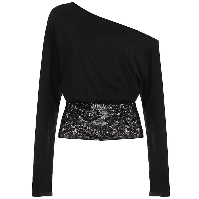 SUCHCUTE Elegantes, schulterfreies, mit Spitzen besetztes, tailliertes Top, Retro-Streetwear, solides Langarm-T-Shirt für Damen, Frühling und Sommer