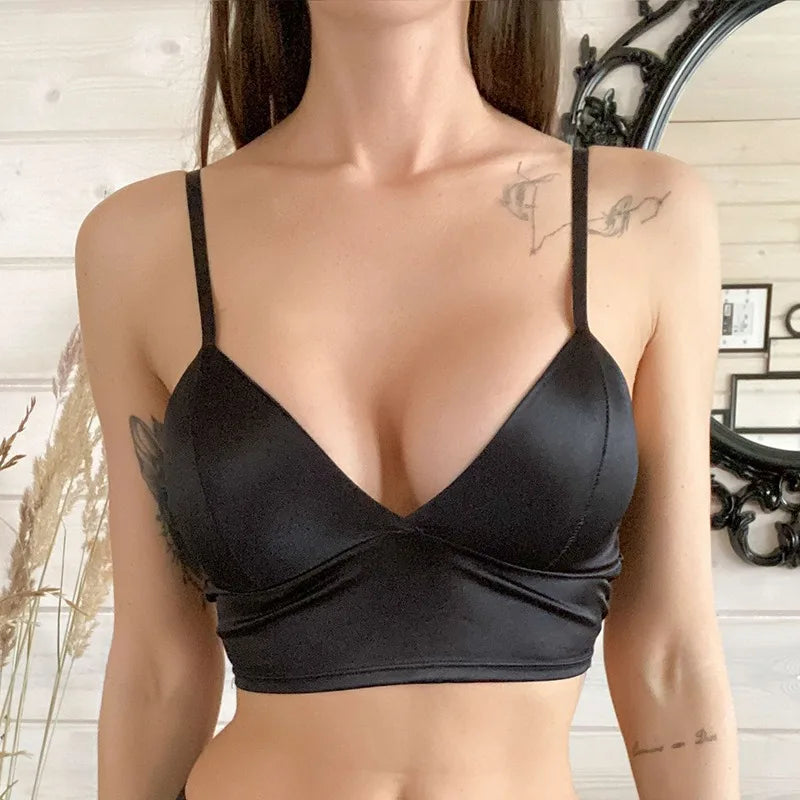 Sexy Satin Crop Tops Frauen drahtlose Bra lette Häkeln Top weibliche Spaghetti träger T-Shirt mit Brust gepolstert Leibchen Camis abgeschnitten