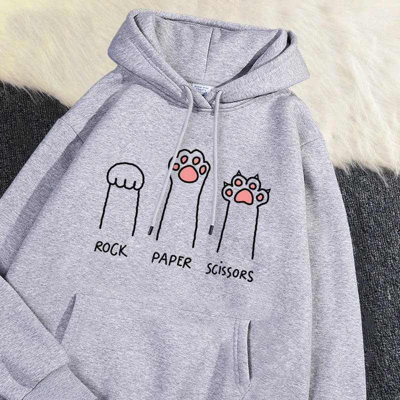 Kawaii Damen Hoodies Rock Paper Schere Lustige Katze Druck Pullover Weiche Atmungsaktive Lose Sweatshirt Herbst Winter Sportswear