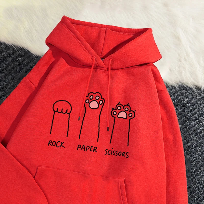 Kawaii Damen Hoodies Rock Paper Schere Lustige Katze Druck Pullover Weiche Atmungsaktive Lose Sweatshirt Herbst Winter Sportswear