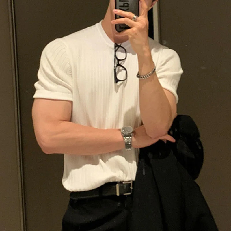 Sommer Herrenbekleidung Leichtes Luxus-T-Shirt Freizeit Langarm O-Ausschnitt Drapiert Einfarbig Lose Basic-Shirt Beliebte Strickwaren