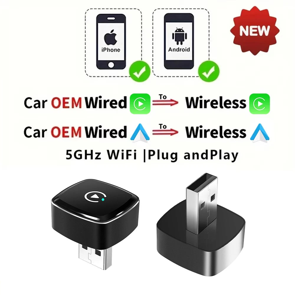 2in1 verkabelt mit kabellosem CarPlay-Android-Auto-Adapter für OEM-Autoradio mit USB-Stecker und Wiedergabe