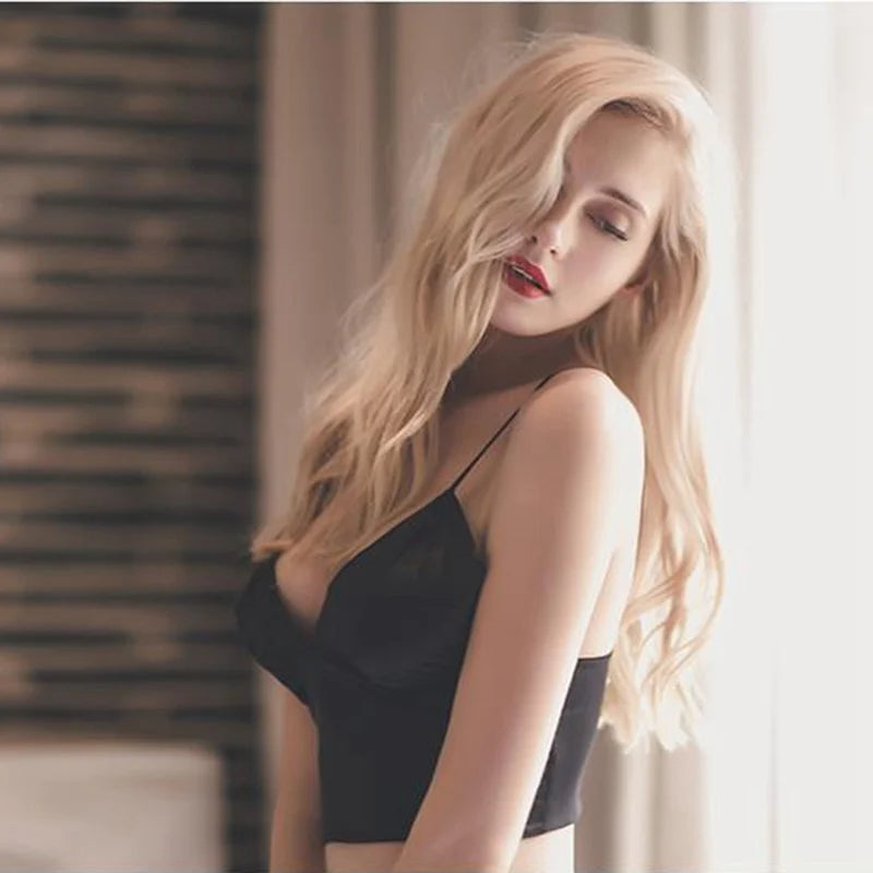Sexy Satin Crop Tops Frauen drahtlose Bra lette Häkeln Top weibliche Spaghetti träger T-Shirt mit Brust gepolstert Leibchen Camis abgeschnitten