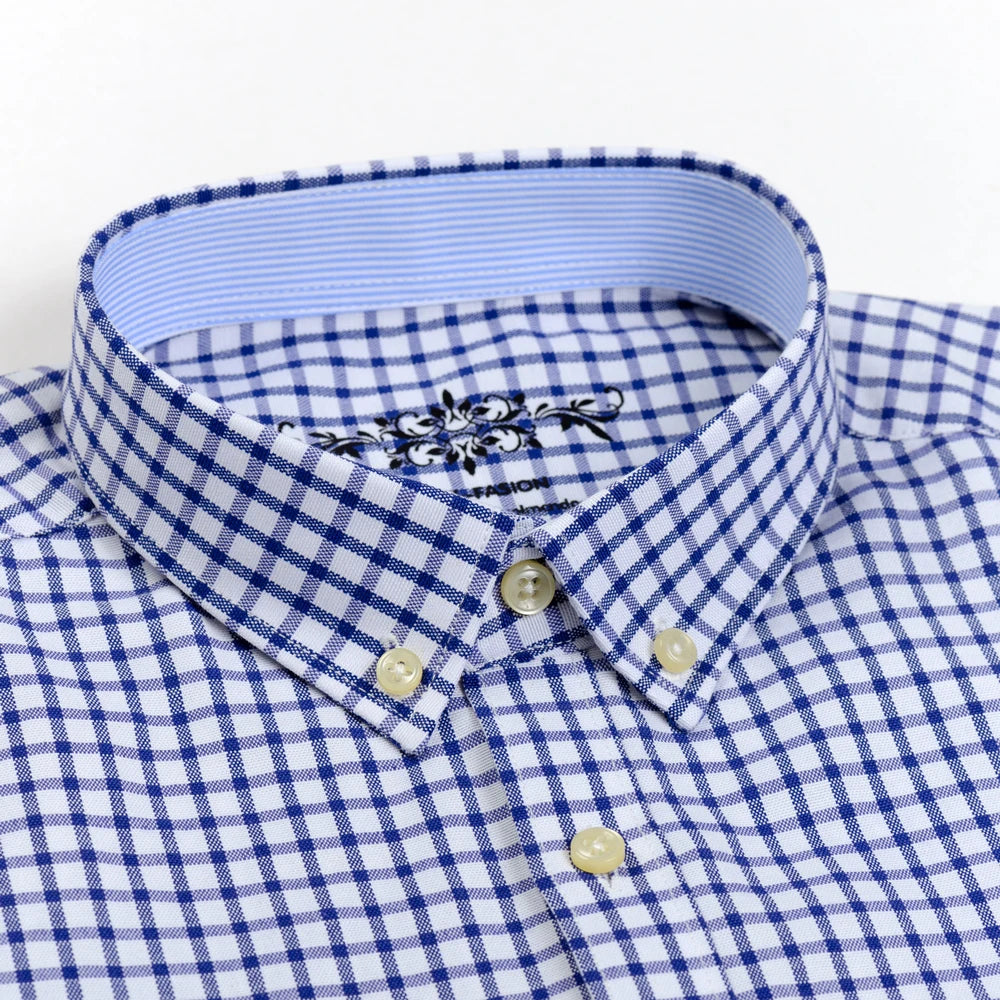 Langärmliges Oxford-Karo-gestreiftes Arbeits-Freizeithemd für Herren mit Tasche, Frühlings-Herbst-Baumwollmischung, reguläre Passform, Button-Down-Hemden