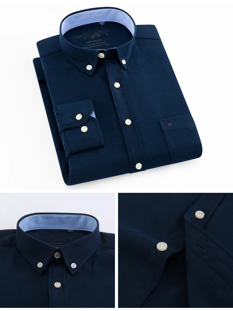 Langärmliges Oxford-Karo-gestreiftes Arbeits-Freizeithemd für Herren mit Tasche, Frühlings-Herbst-Baumwollmischung, reguläre Passform, Button-Down-Hemden
