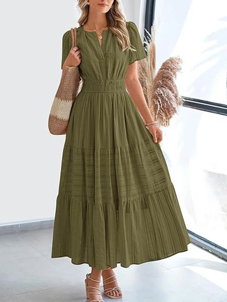 2025, Frühling und Sommer, grenzüberschreitende europäische und amerikanische Mode, Damen-Kleid mit V-Ausschnitt, gefalteten Blasenärmeln, mehrlagig, großes Swing-Kleid