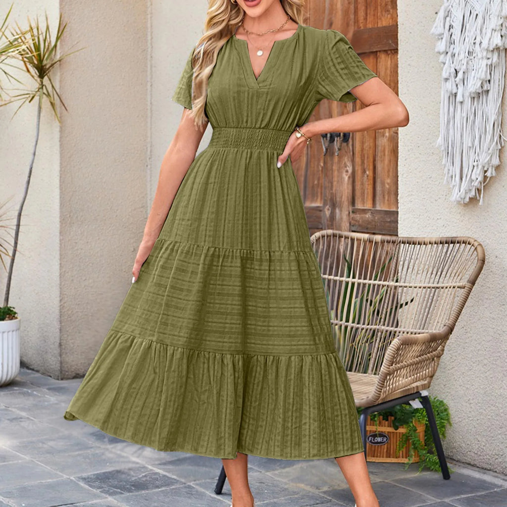 Frauen Swing Kleid Frühling Sommer Casual Einfarbig V-ausschnitt Kurzarm Kleider Elastische Bund Gefüttert Vestidos Für Streetwear