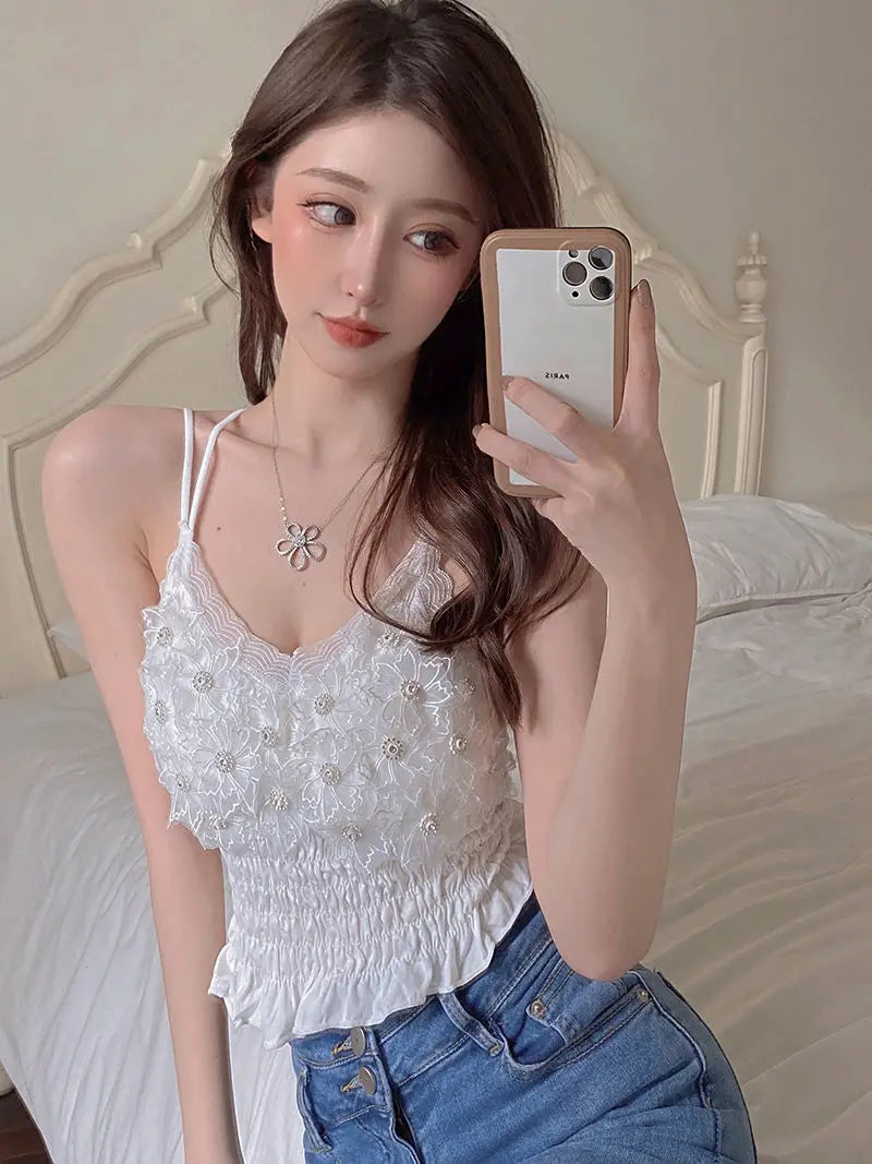 Sommer Frau Kleidung y2k Tops Französisch Diamant Appliqué Leibchen Bodenbildung Shirt Spitze Crop Top frauen Falten Spaghetti Strap Tops