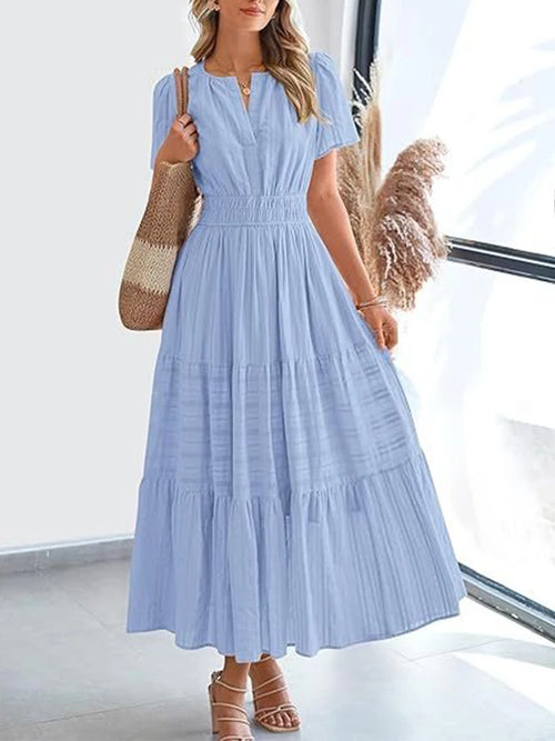 2025, Frühling und Sommer, grenzüberschreitende europäische und amerikanische Mode, Damen-Kleid mit V-Ausschnitt, gefalteten Blasenärmeln, mehrlagig, großes Swing-Kleid