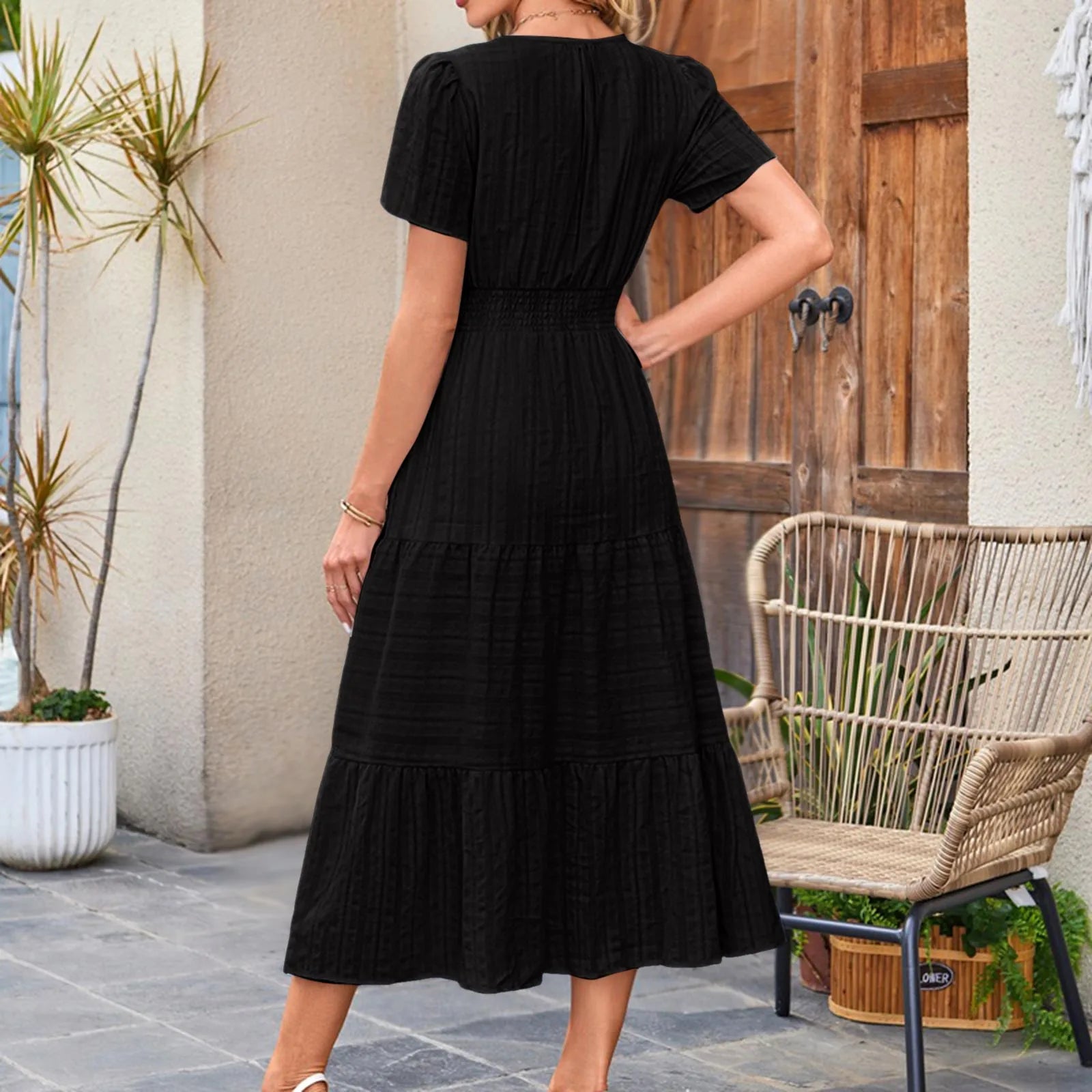 Frauen Swing Kleid Frühling Sommer Casual Einfarbig V-ausschnitt Kurzarm Kleider Elastische Bund Gefüttert Vestidos Für Streetwear