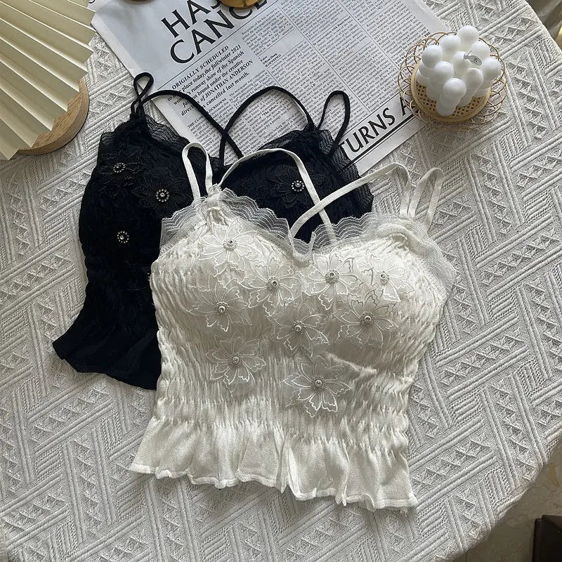 Sommer Frau Kleidung y2k Tops Französisch Diamant Appliqué Leibchen Bodenbildung Shirt Spitze Crop Top frauen Falten Spaghetti Strap Tops