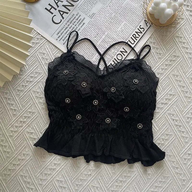 Sommer Frau Kleidung y2k Tops Französisch Diamant Appliqué Leibchen Bodenbildung Shirt Spitze Crop Top frauen Falten Spaghetti Strap Tops
