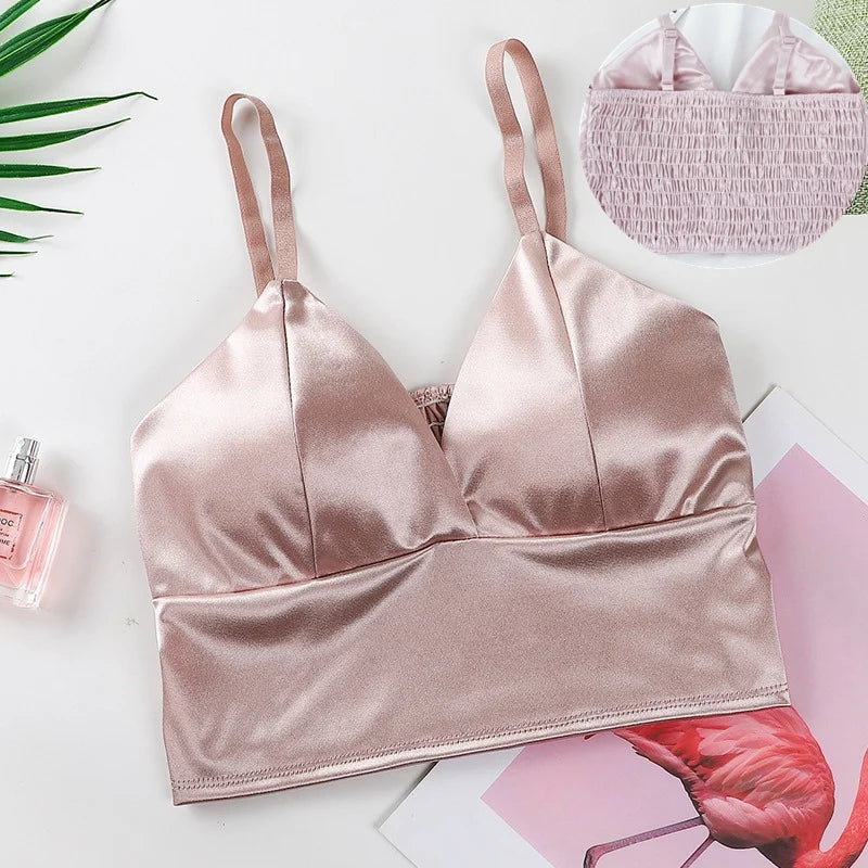 Sexy Satin Crop Tops Frauen drahtlose Bra lette Häkeln Top weibliche Spaghetti träger T-Shirt mit Brust gepolstert Leibchen Camis abgeschnitten