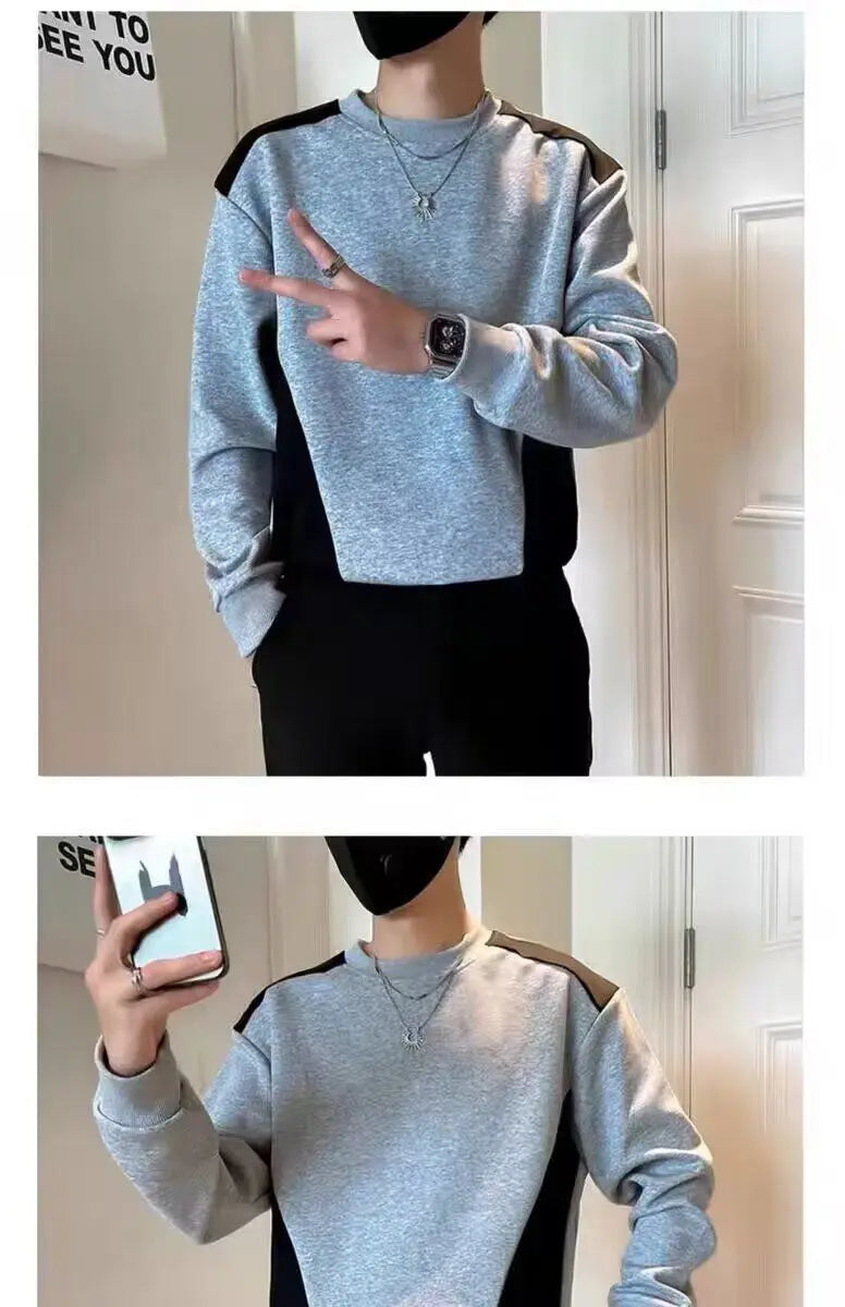 Gespleißtes Sweatshirt Herren Frühling Herbst Neues Rundhals-Langarm-Bottom-Shirt T-Shirt Trendy Casual Top Hoodies