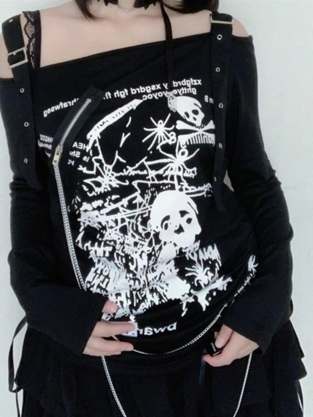 Y2K Damenbekleidung Arcane Stitch T-Shirts 2025, Goth Punk, schulterfrei, langärmelig, lässig, Vintage, sexy Streetwear, Totenköpfe
