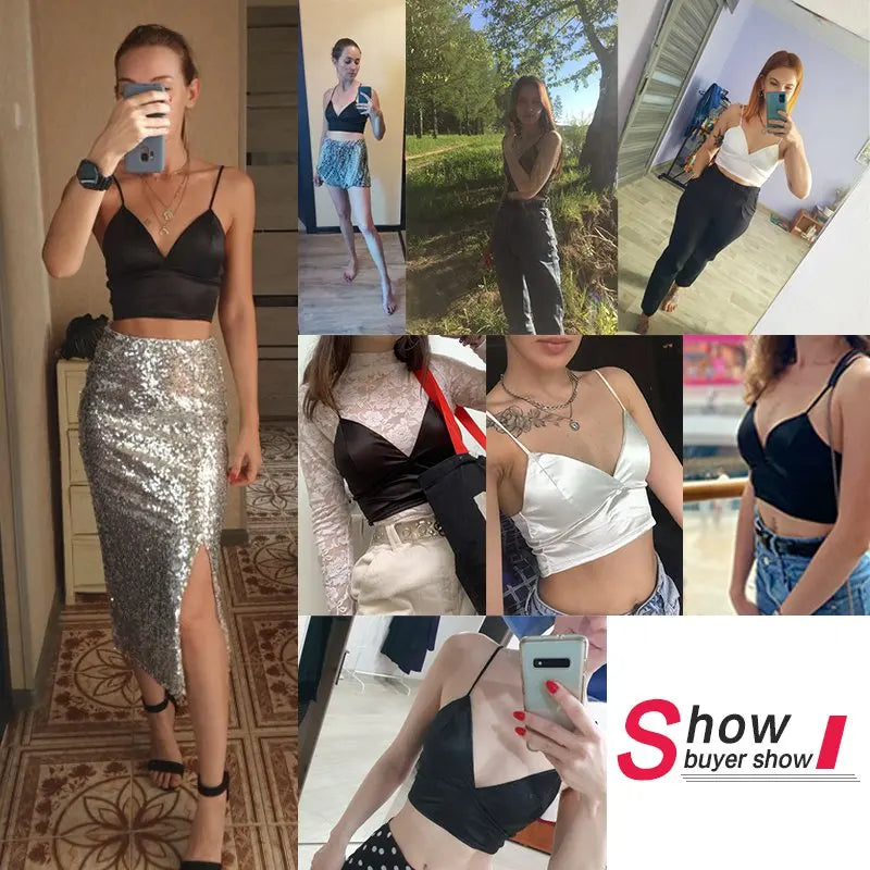 Sexy Satin Crop Tops Frauen drahtlose Bra lette Häkeln Top weibliche Spaghetti träger T-Shirt mit Brust gepolstert Leibchen Camis abgeschnitten