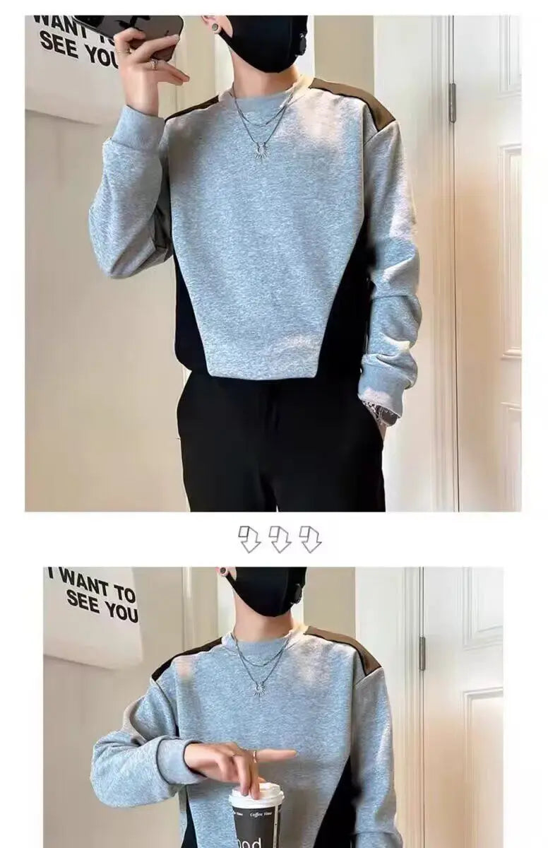 Gespleißtes Sweatshirt Herren Frühling Herbst Neues Rundhals-Langarm-Bottom-Shirt T-Shirt Trendy Casual Top Hoodies