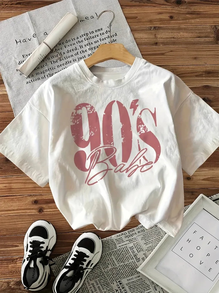 Lässiges, kurzärmliges Oberteil mit Rundhalsausschnitt und Buchstabendruck für Damen im Harajuku-Stil, geeignet für Frühling, Sommer und Herbst.