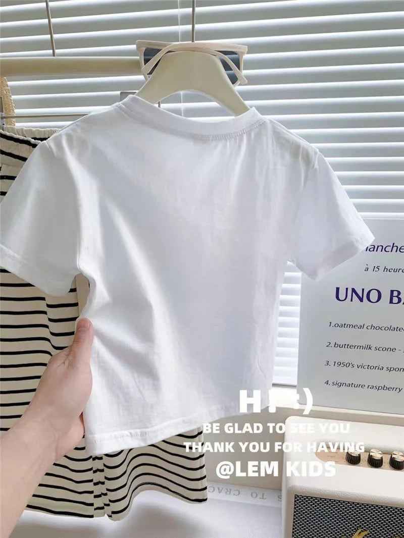 Sommer Mädchen T-Shirt Kleidungssets Kinder Kurzarm-Tops+Gestreifte Hosen 2-teilige Anzüge Mode Lässige Outfits Kinderkleidung 1-8 Jahre