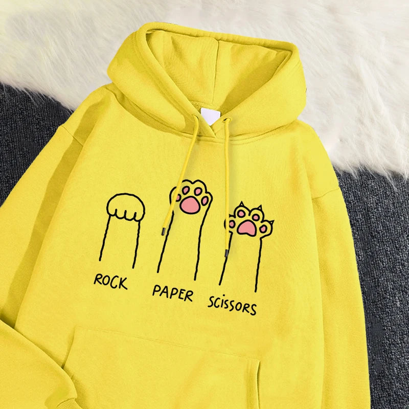 Kawaii Damen Hoodies Rock Paper Schere Lustige Katze Druck Pullover Weiche Atmungsaktive Lose Sweatshirt Herbst Winter Sportswear