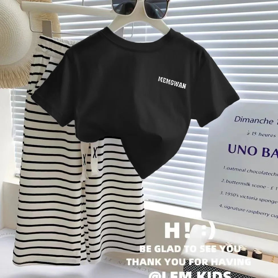 Sommer Mädchen T-Shirt Kleidungssets Kinder Kurzarm-Tops+Gestreifte Hosen 2-teilige Anzüge Mode Lässige Outfits Kinderkleidung 1-8 Jahre