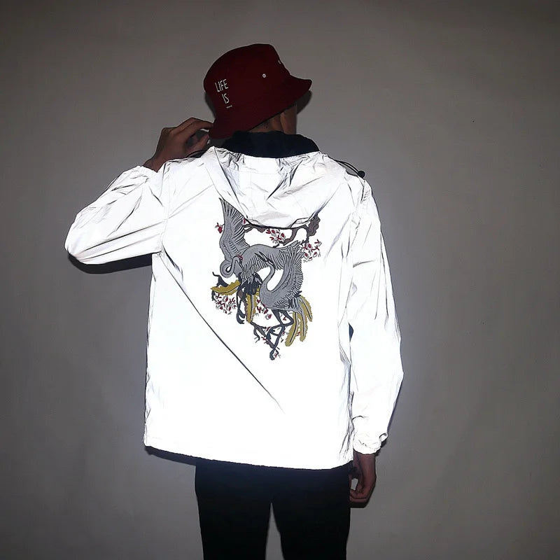 Männer Voll Reflektierende Jacke Casual Frauen Windjacke Hip Hop Mit Kapuze Mantel Wasserdicht Gedruckt Streetwear Nacht Glänzende Jacken 5XL