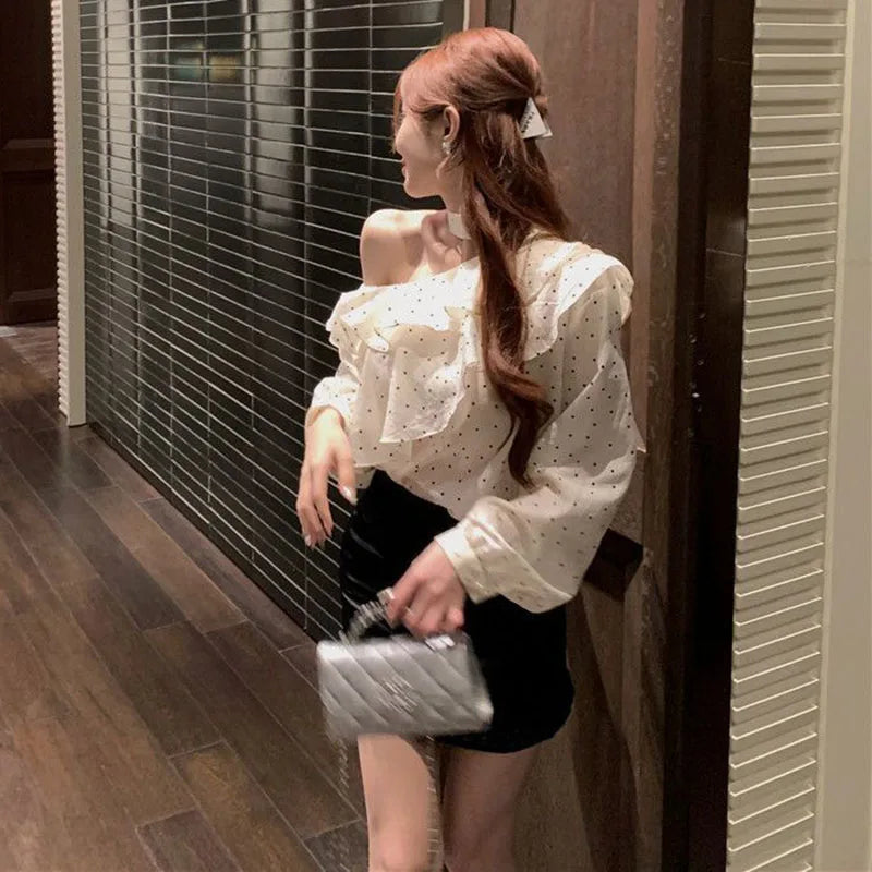 Französisch Stil Neckholder Polka Dot Chiffon Shirts Frau Elegante Off Schulter Rüschen Blusen Damen Koreanische All-Match Trend Blusas