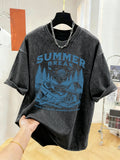 Summer Break Camping Cats Print Herren-T-Shirt mit gewaschenem Effekt, Sport-T-Shirt, weiches T-Shirt aus Baumwolle, lockere Kleidung, Basic-All-Match-Kurzarmshirt