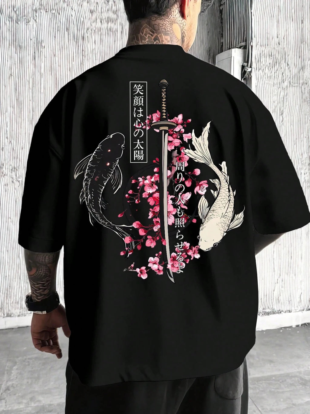 Sommer Japan Koi Sakura Katana Prints Baumwoll-T-Shirts für Herren, kurzärmelige T-Shirts, übergroße O-Ausschnitt-Soft-Tops, lässige Herrenkleidung