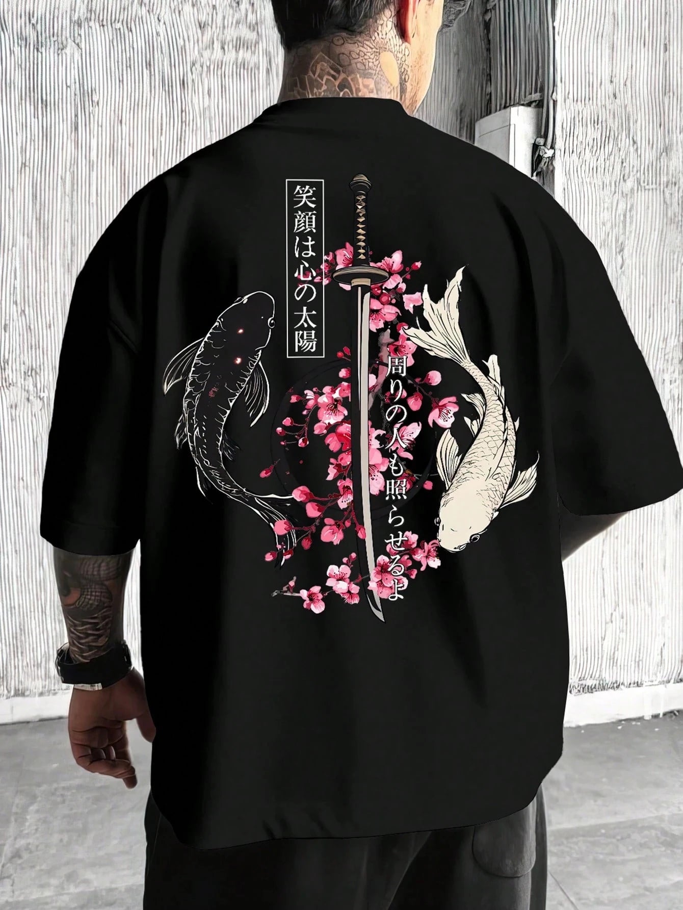 Sommer Japan Koi Sakura Katana Prints Baumwoll-T-Shirts für Herren, kurzärmelige T-Shirts, übergroße O-Ausschnitt-Soft-Tops, lässige Herrenkleidung