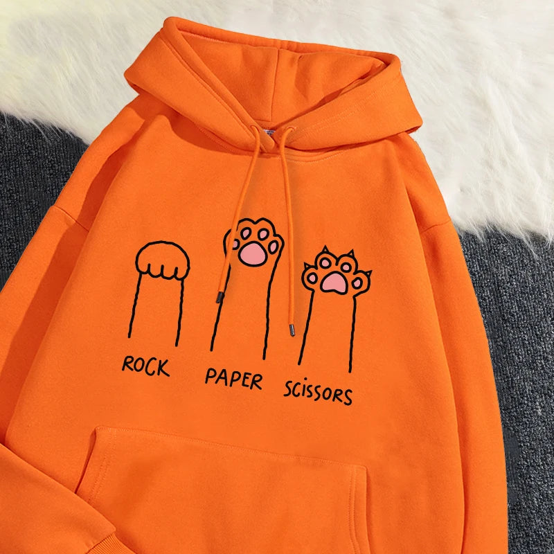 Kawaii Damen Hoodies Rock Paper Schere Lustige Katze Druck Pullover Weiche Atmungsaktive Lose Sweatshirt Herbst Winter Sportswear