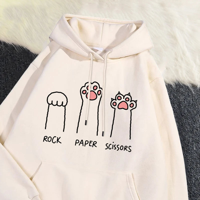 Kawaii Damen Hoodies Rock Paper Schere Lustige Katze Druck Pullover Weiche Atmungsaktive Lose Sweatshirt Herbst Winter Sportswear