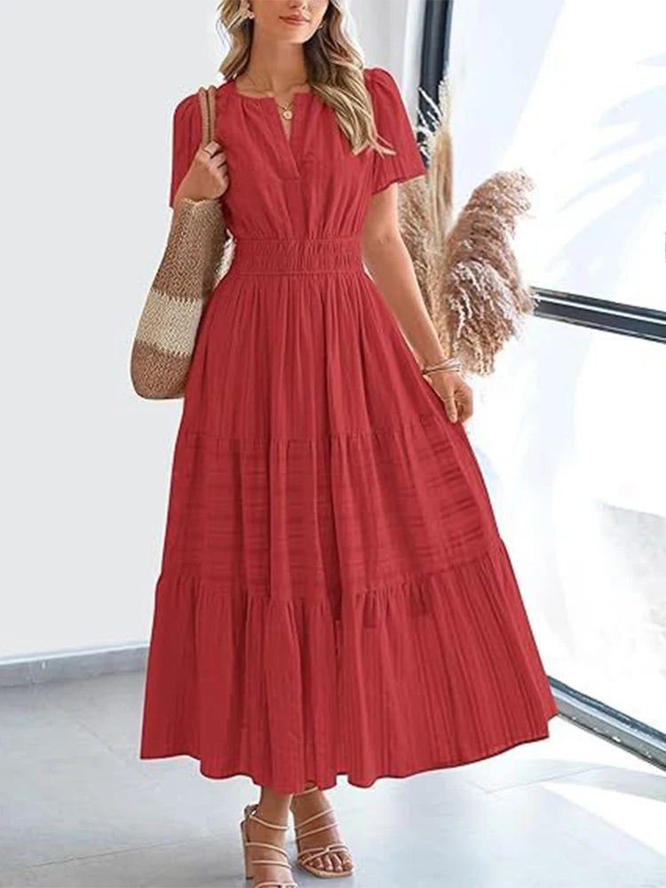 2025, Frühling und Sommer, grenzüberschreitende europäische und amerikanische Mode, Damen-Kleid mit V-Ausschnitt, gefalteten Blasenärmeln, mehrlagig, großes Swing-Kleid