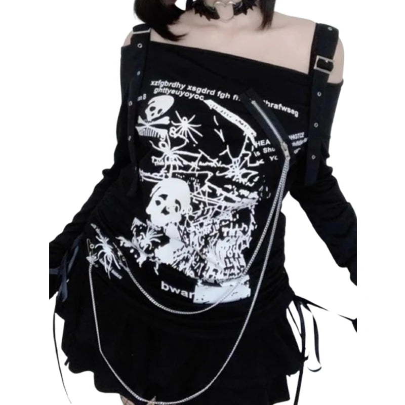 Y2K Damenbekleidung Arcane Stitch T-Shirts 2025, Goth Punk, schulterfrei, langärmelig, lässig, Vintage, sexy Streetwear, Totenköpfe