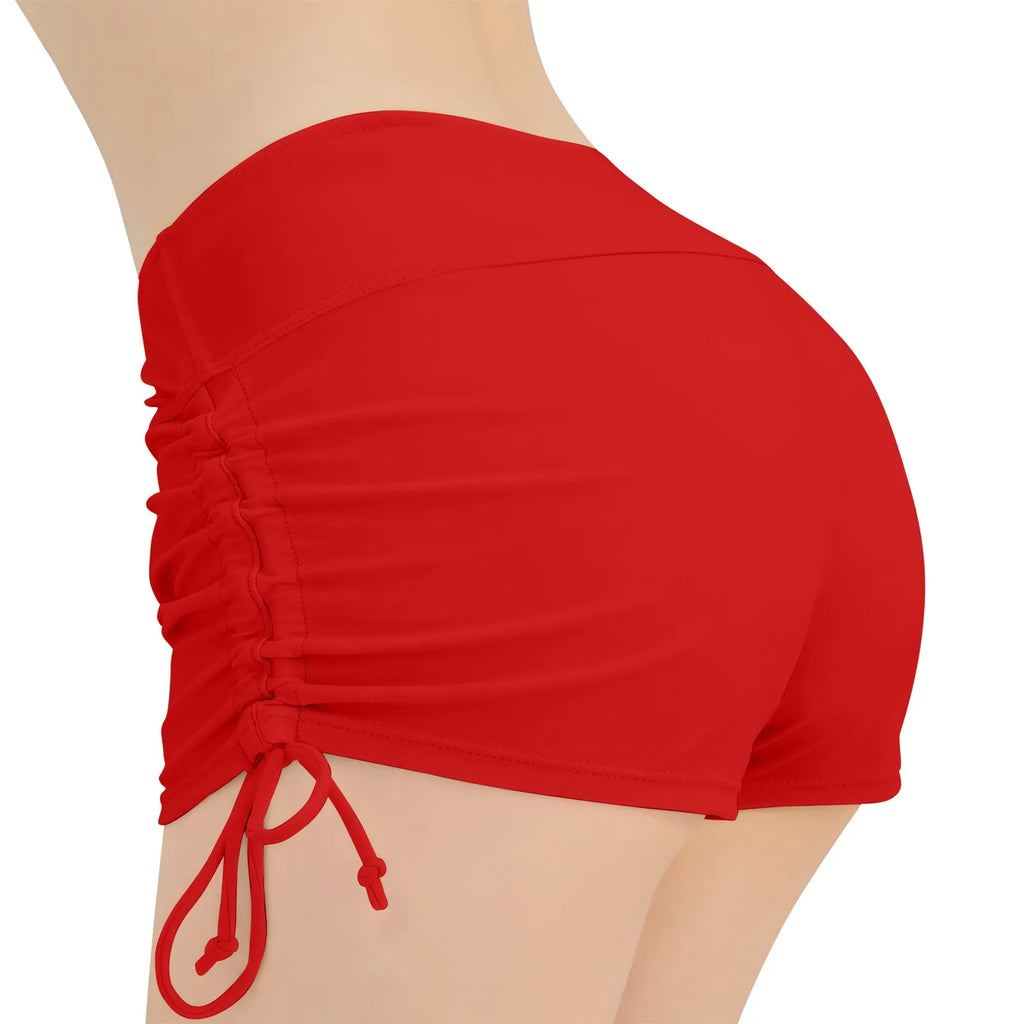 Sommer-Badebekleidung für Damen, einfarbig, Boxer, Strandshorts, hohe Taille, seitlich verstellbarer Kordelzug, elastischer Sport-Badeanzug
