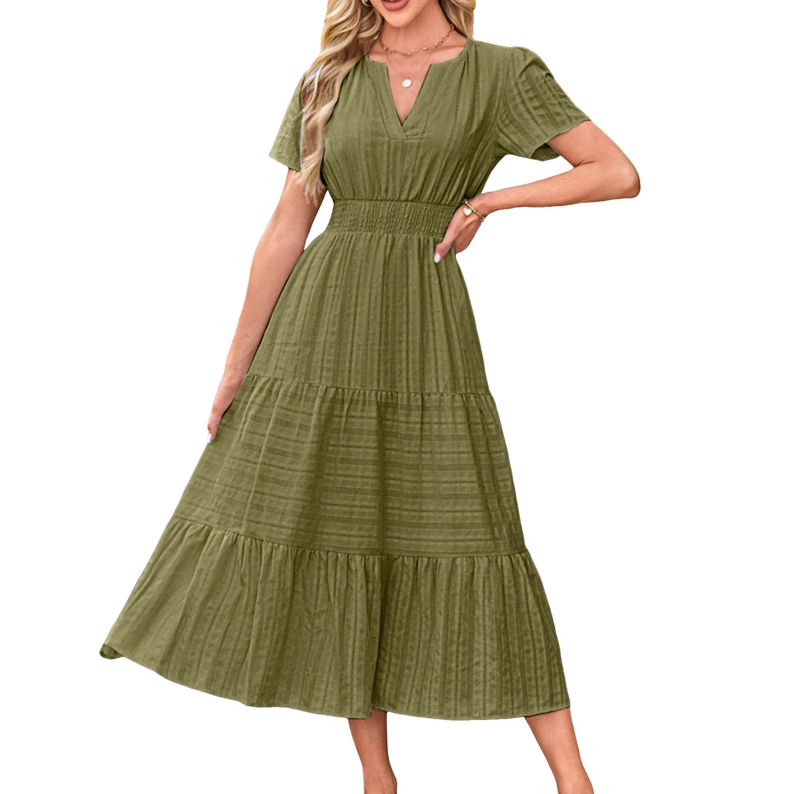 Frauen Swing Kleid Frühling Sommer Casual Einfarbig V-ausschnitt Kurzarm Kleider Elastische Bund Gefüttert Vestidos Für Streetwear