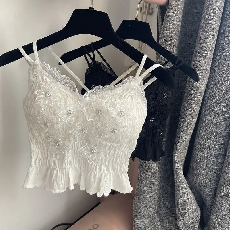 Sommer Frau Kleidung y2k Tops Französisch Diamant Appliqué Leibchen Bodenbildung Shirt Spitze Crop Top frauen Falten Spaghetti Strap Tops