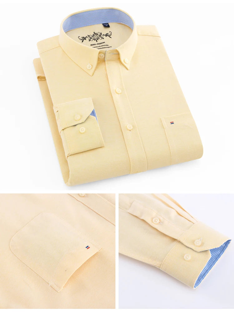 Langärmliges Oxford-Karo-gestreiftes Arbeits-Freizeithemd für Herren mit Tasche, Frühlings-Herbst-Baumwollmischung, reguläre Passform, Button-Down-Hemden